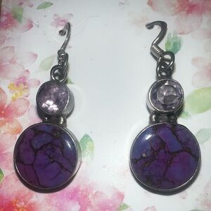 Purple Copper Turquoise Double-Drop w Amethyst Stone Earrings